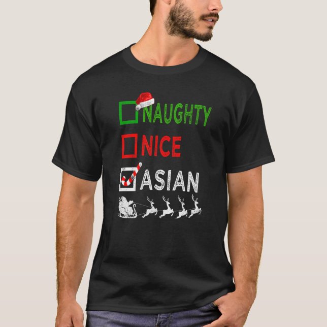 Naughty Nice Asian Christmas Pajamas Santa Hat Xma T-Shirt (Front)