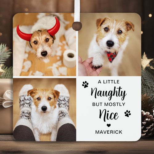 Naughty Nice Funny Dog 3 Pet Photo Christmas Metal Ornament