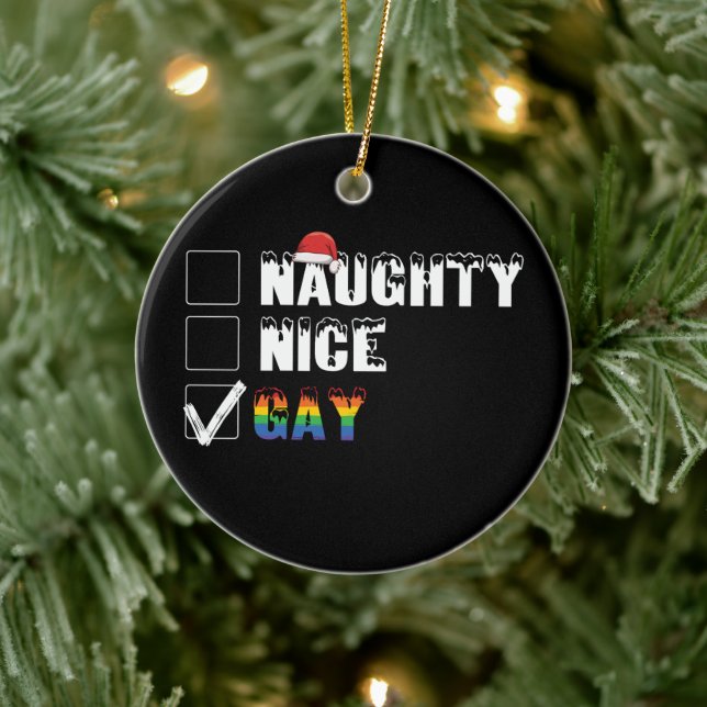 Naughty Nice Gay Rainbow Pride LGBT Christmas Gift Ceramic Ornament (Tree)