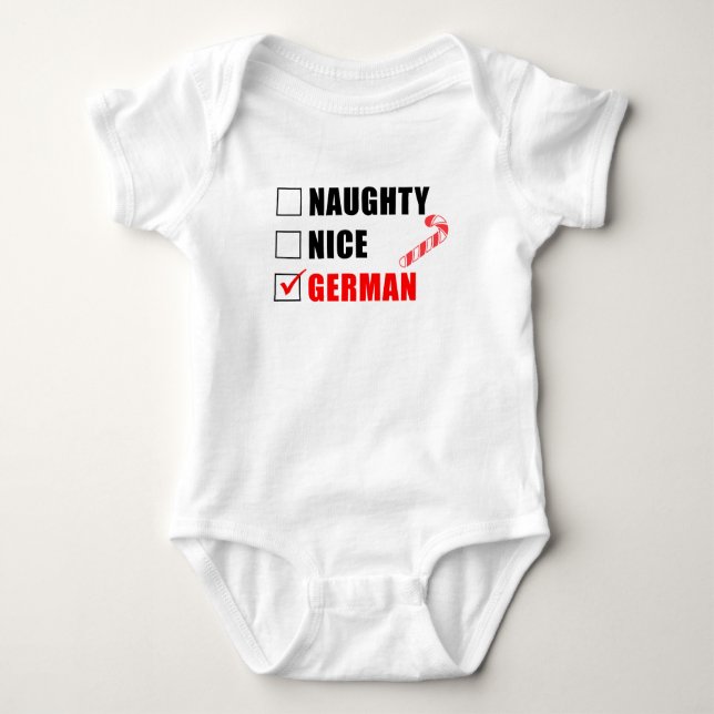 Naughty Nice German Santa List Baby Bodysuit (Front)