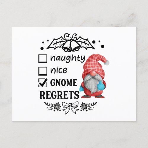 Naughty Nice Gnome Regrets Christmas Gnome Postcard