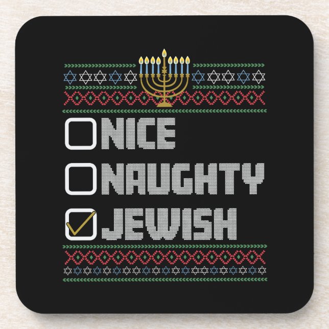 Naughty Nice Jewish Santa Ugly Christmas Hanukkah  Beverage Coaster (Front)