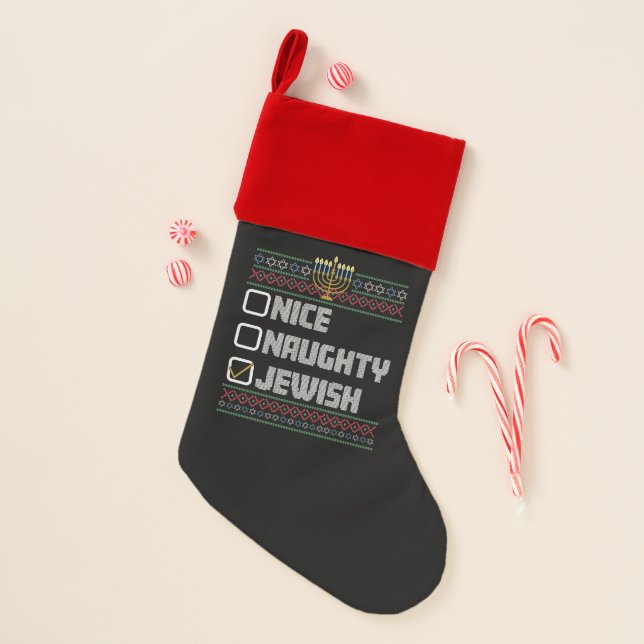Naughty Nice Jewish Santa Ugly Christmas Hanukkah  Christmas Stocking (Front)