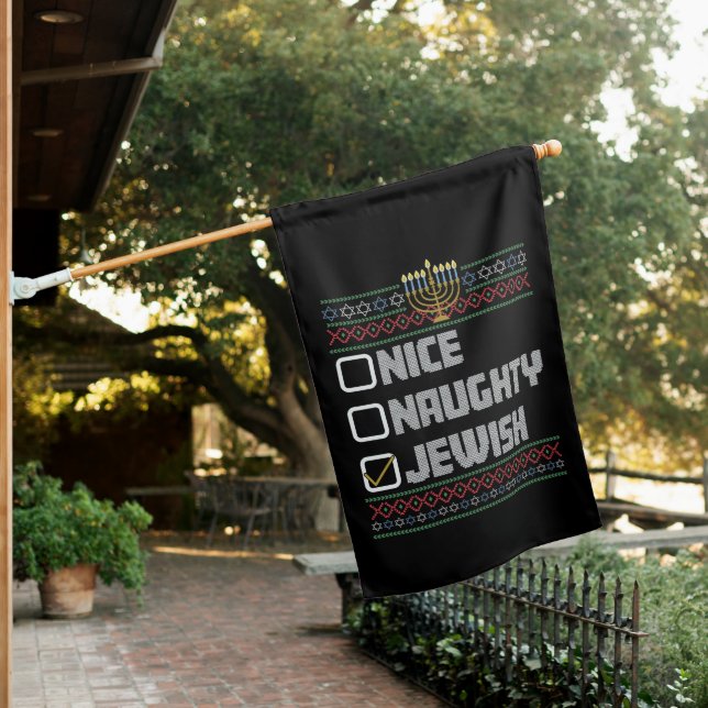 Naughty Nice Jewish Santa Ugly Christmas Hanukkah  House Flag (In SItu)
