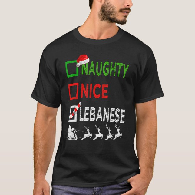 Naughty Nice Lebanese Christmas Pajamas Santa Hat  T-Shirt (Front)