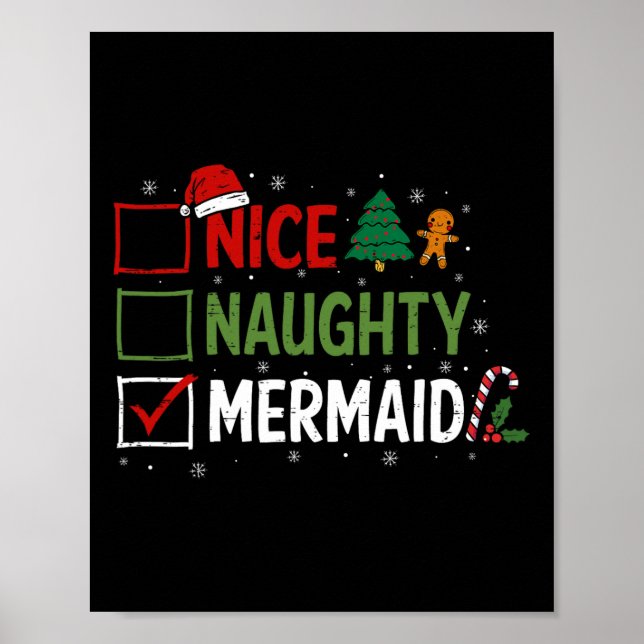 Naughty Nice Mermaid Christmas Pajamas Santa Claus Poster (Front)