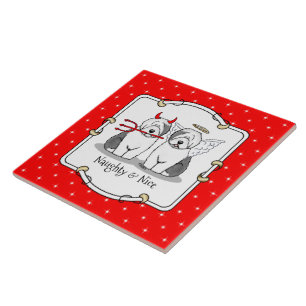 Naughty & Nice Old English Sheepdogs (Gray 1) Ceramic Tile