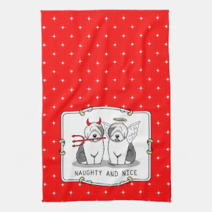 Naughty & Nice Old English Sheepdogs (Gray 1) Kitchen Towel