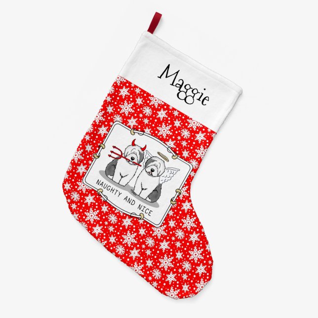 Naughty & Nice Old English Sheepdogs (Gray 1) Large Christmas Stocking (Front (Hanging))