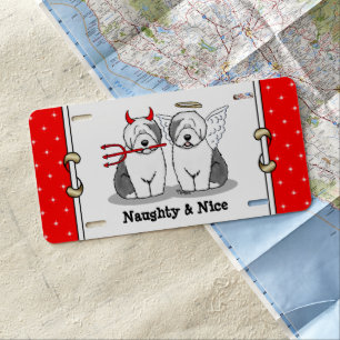 Naughty & Nice Old English Sheepdogs (Gray 1) License Plate