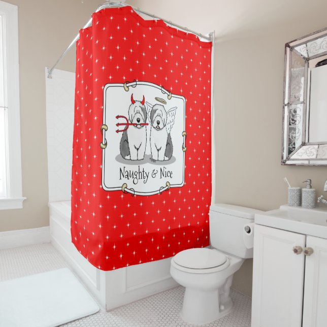 Naughty & Nice Old English Sheepdogs (Gray 1) Shower Curtain (In Situ)