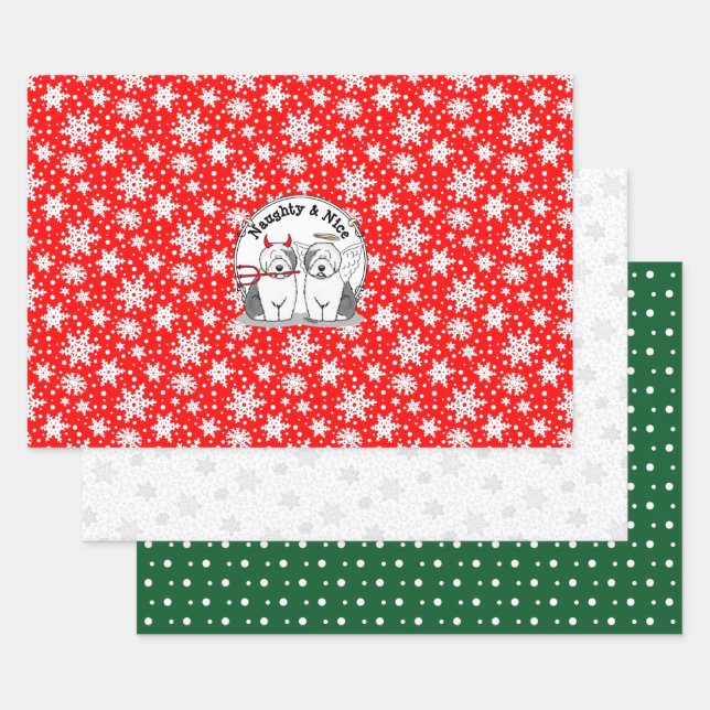 Naughty & Nice Old English Sheepdogs (Gray 1) Wrapping Paper Sheets (Set)