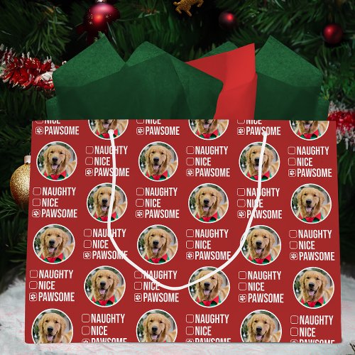 Naughty Nice Pawsome Christmas List Dog Photo Large Gift Bag