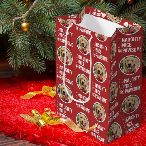 Naughty Nice Pawsome Christmas List Dog Photo Medium Gift Bag