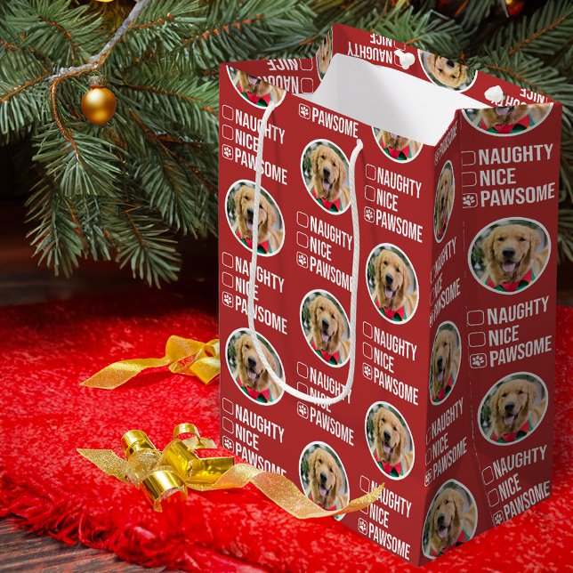 Naughty Nice Pawsome Christmas List, Dog Photo Medium Gift Bag (Creator Uploaded)