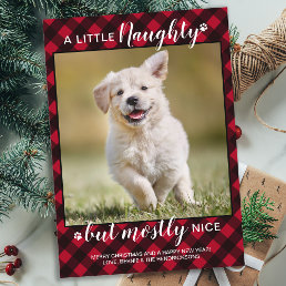 Naughty Nice Personalized Red Plaid Dog Pet Photo Holiday Card