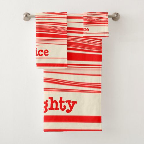 Naughty Nice Red Peppermint Candy Marbled Stripes  Bath Towel Set