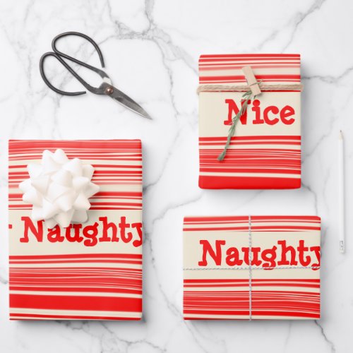 Naughty Nice Red Peppermint Candy Marbled Stripes Wrapping Paper Sheets