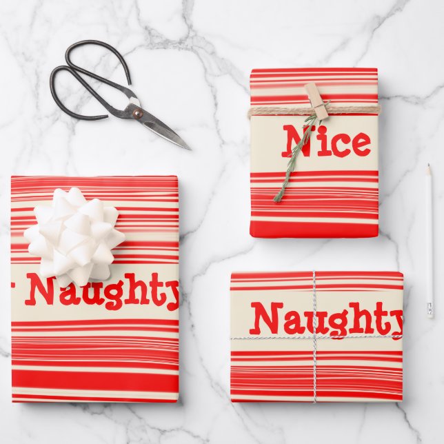 Naughty Nice Red Peppermint Candy Marbled Stripes Wrapping Paper Sheets (Front)