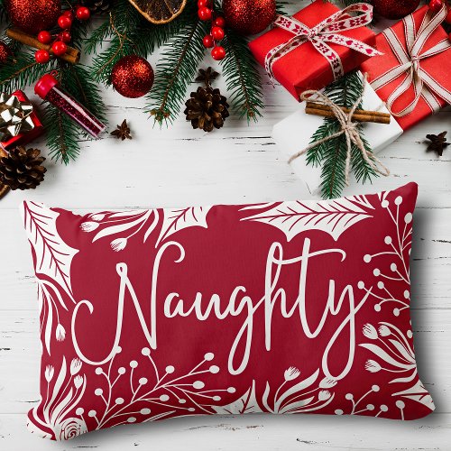 Naughty Nice Red White Christmas Floral Ivy Leaf Lumbar Pillow