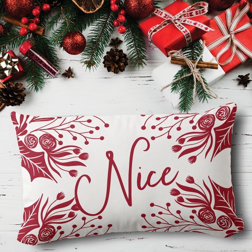 Naughty Nice Red White Christmas Floral Ivy Leaves Lumbar Pillow