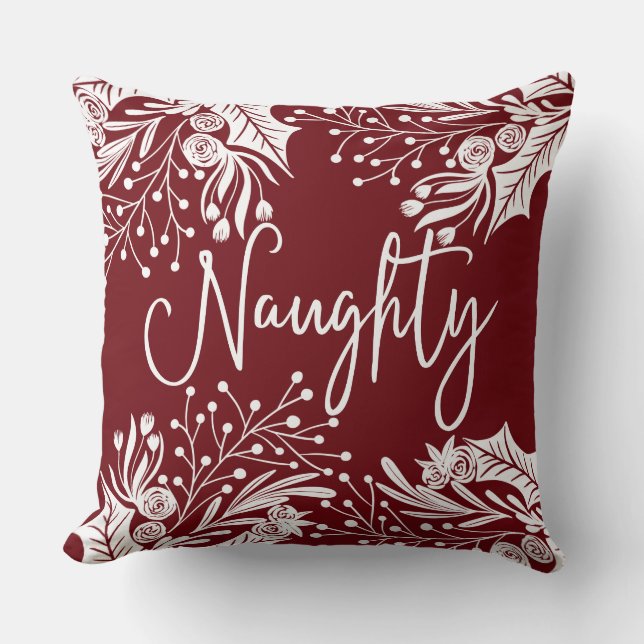 Naughty Nice Red White Christmas Floral Ivy Leaves Throw Pillow (Front)