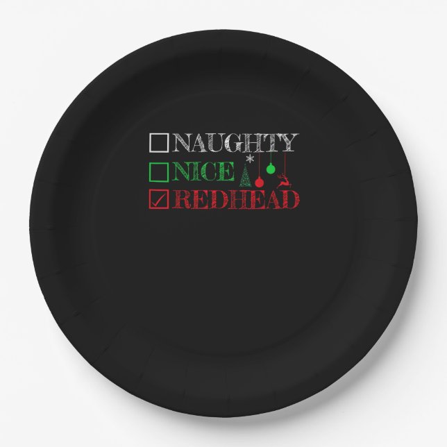 Naughty Nice Redhead Christmas Funny Holiday  Paper Plates (Front)