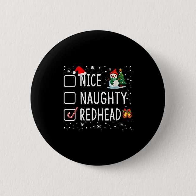Naughty Nice Redhead Christmas Pajamas Funny Santa Button (Front)
