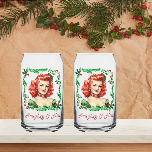 Naughty  Nice Retro Christmas Pinup Can Glass