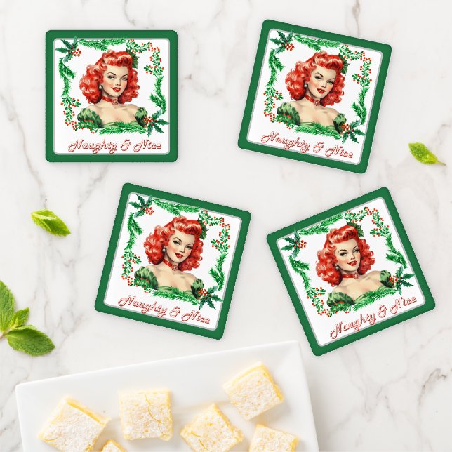 Naughty & Nice Retro Christmas Pinup Coaster Set (In Situ)
