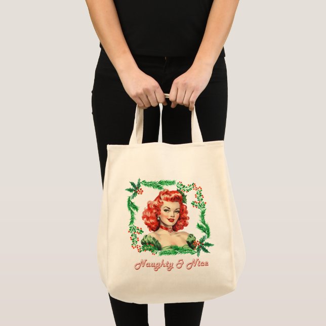 Naughty & Nice Retro Christmas Pinup Tote Bag (Front (Product))