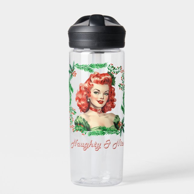 Naughty & Nice Retro Christmas Pinup Water Bottle (Front)