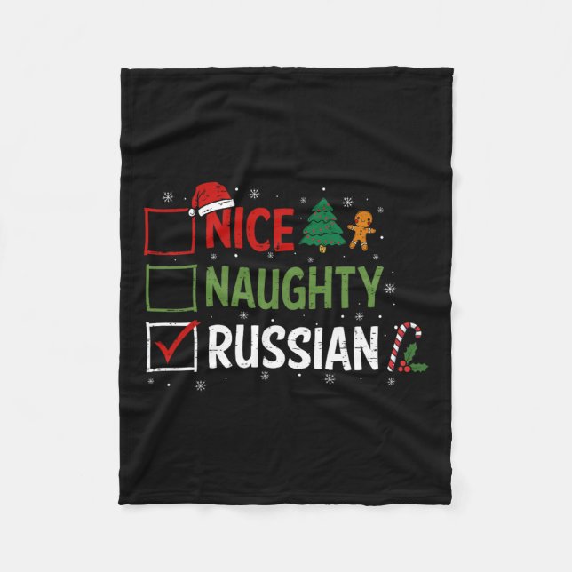 Naughty Nice Russian Christmas Pajamas Santa Claus Fleece Blanket (Front)