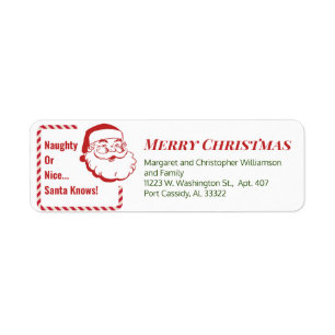 Naughty Nice Santa Christmas Red Candy Cane Label