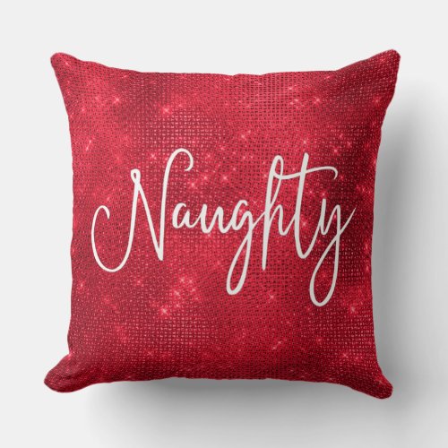 Naughty Nice Sparkly Red White Glitter Sequins Throw Pillow