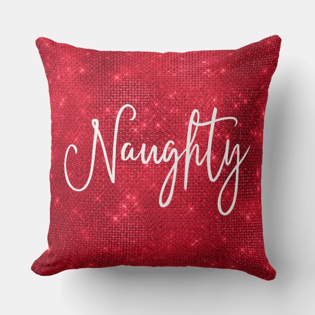Naughty Nice Sparkly Red White Glitter Sequins Throw Pillow (Front)