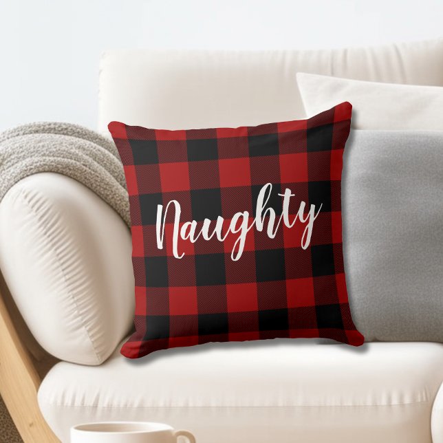 Naughty or Nice Christmas Buffalo Plaid Farmhouse Throw Pillow (Creator Uploaded)