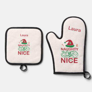 Naughty or Nice Christmas Frogs with Santa Design Oven Mitt & Pot Holder Set