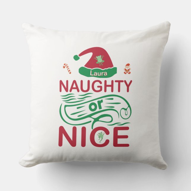 Naughty or Nice Christmas Frogs with Santa Design Throw Pillow (Front)