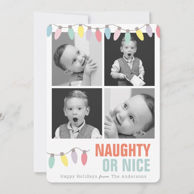 Naughty or Nice Christmas Lights 4 Photos Holiday Card (Front)