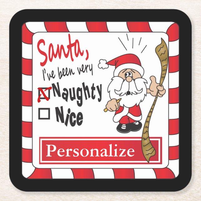 Naughty or Nice Christmas | Personalize Square Paper Coaster (Front)