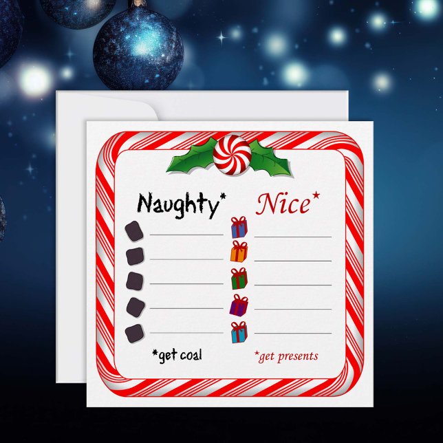 Naughty or Nice Flat Holiday Card 5.25" x 5.25"  (Naughty or Nice? 5.25" x 5.25" Flat Holiday Card.)
