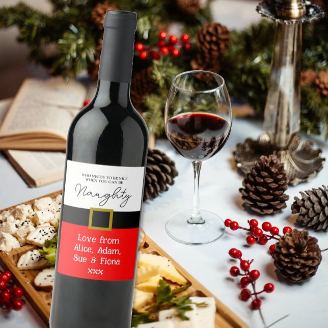 Naughty or Nice? Funny Christmas Santa suit Wine Label (Creator Uploaded)
