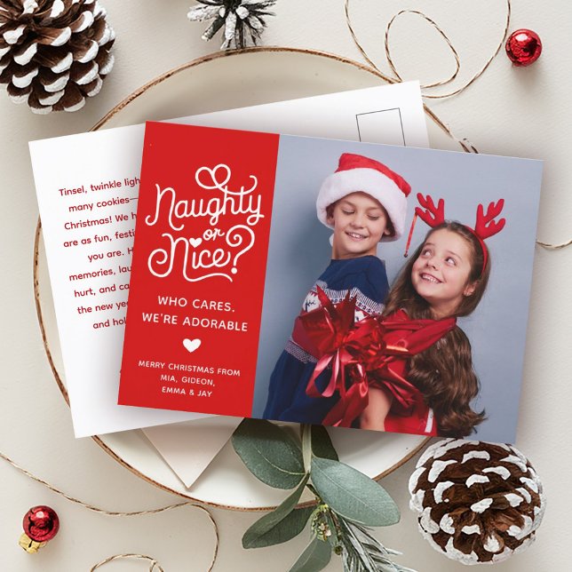 Naughty or Nice Funny Cute Kids Sibling Photo Holiday Postcard (Creator Uploaded)