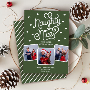 Naughty or Nice Funny Cute Sibling Family 3 Photo Holiday Card