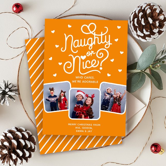 Naughty or Nice Funny Cute Sibling Family 3 Photo  Holiday Card (Creator Uploaded)