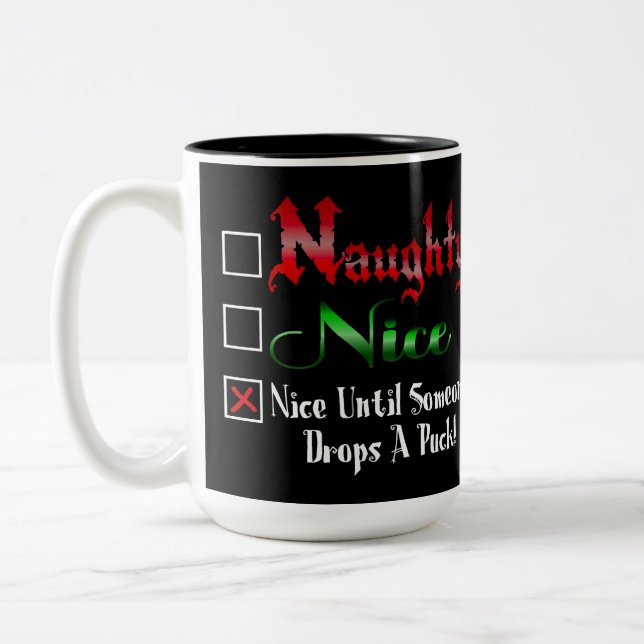 Naughty Or Nice Ice Hockey Fan Edition Black Two-Tone Coffee Mug (Left)