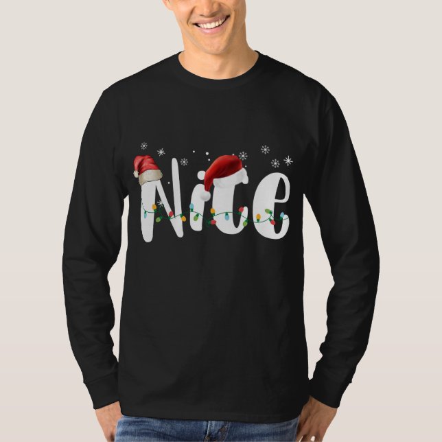 Naughty or Nice Matching Christmas lights Couples  T-Shirt (Front)