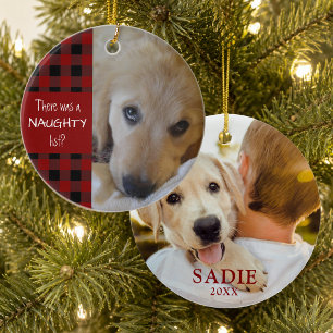 Naughty or Nice Pet Photo Red Plaid Personalized Ceramic Ornament