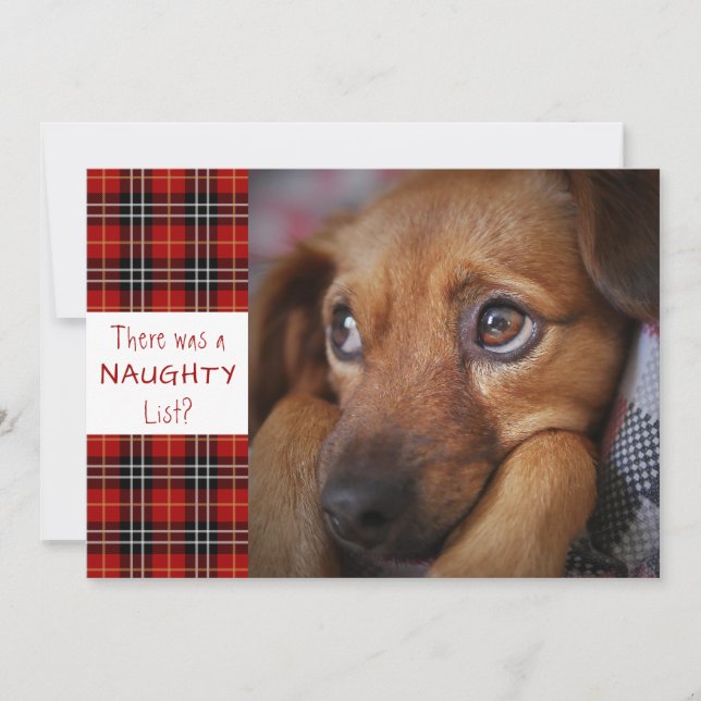Naughty or Nice Red Plaid Custom Greeting Holiday Card (Front)